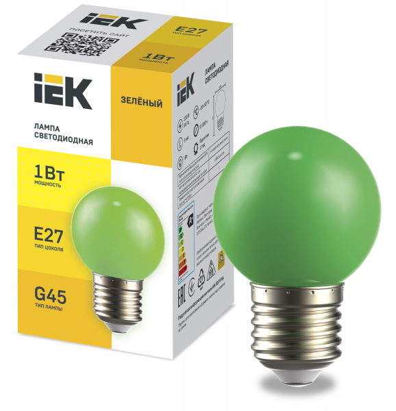 IEK Лампа LED декор. G45 шар 1Вт 230В зеленый E27