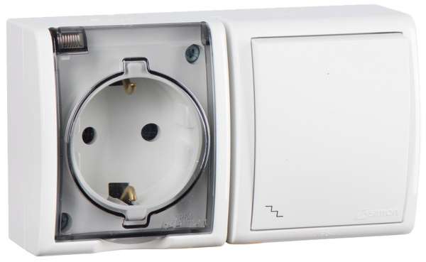 Simon 15 Aqua Белый Блок: Розетка 2P+E Schuko 16А 250В + выключатель проходной 10А 250В, IP54