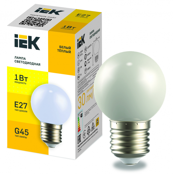 IEK Лампа LED декор. G45 шар 1Вт 230В теплый белый E27