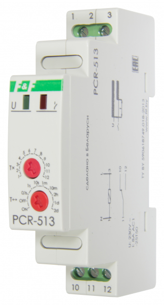Реле времени PCR-513, задерж включ, 230В, max ток 8А, 1НО/1НЗ