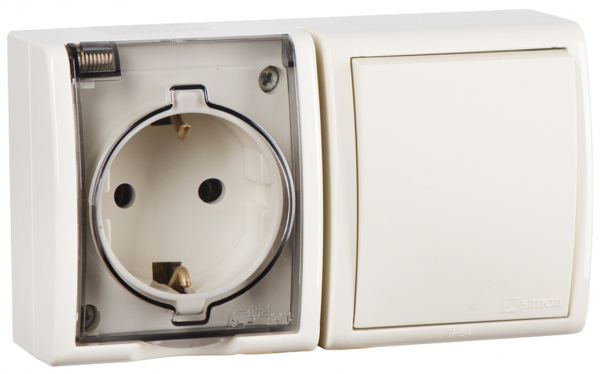 Simon 15 Aqua Бежевый Блок: Розетка 2P+E Schuko 16А 250В + выключатель 10А 250В, IP54