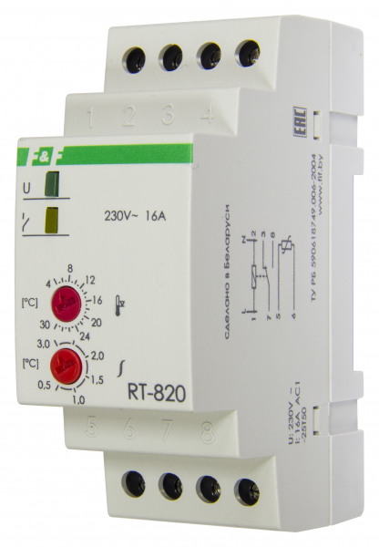 Регулятор температуры RT-820, 50–264 AC/DC, 16A, 1НО/1НЗ, макс нагруз 2кВт