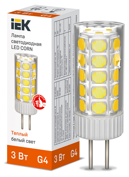 IEK Лампа LED CORN капсула 3Вт 12В 3000К керамика G4