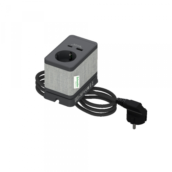 Schneider Electric US+Блок розеточный с зажимом, с 1 розеткой (2К+З) и 2 зарядками USB (A+C) АНТРАЦ