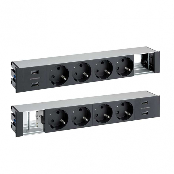 Simon 400 Двухсторонний врезной x12 розеточный блок, планка, 8x2P+E, 4xUSB з/у, 2 пустых модуля, черный,