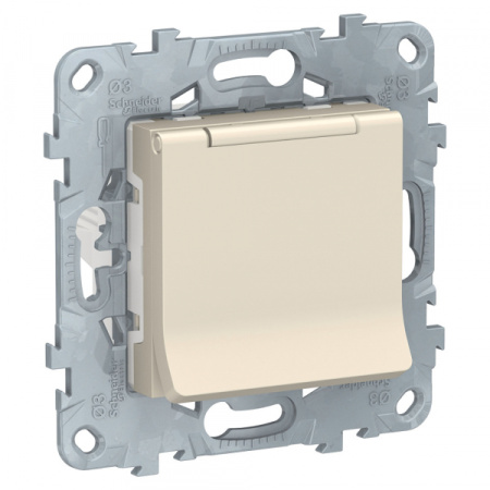 Schneider Electric Unica New Беж Розетка с/з со шторками, с крышкой, 16А, 250В, IP40,