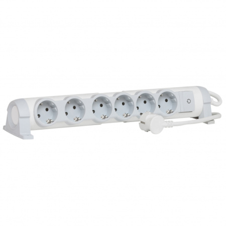 Legrand Комфорт Бело-серый Удлинитель 6x2К+З с выкл., кабель 1,5м, фиксир. поворотный блок, возможно крепление к стене
