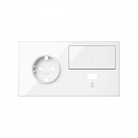 Simon 100 Белый глянец Кит 2 поста, фронт. Накладка на 1 розетку Schuko (слева) + 1 з/у USB SC + 1 клавиша выключателя