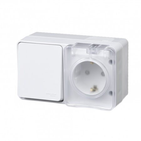 Systeme Electric AtlasDesign Profi54 Наруж Белый Блок: Розетка с/з со шт. + выключатель 1-клавишный 10А IP54