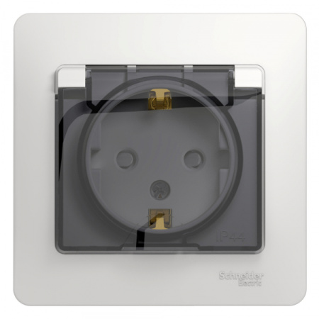 Systeme Electric Glossa Бел Розетка с/з со шторками с крышкой, IP44 (в сборе с рамкой)