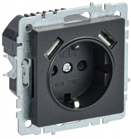 IEK BRITE BASE Черный Розетка с з/к/ш 16А с USB A+A 3,1А РЮш10-2-БрЧ