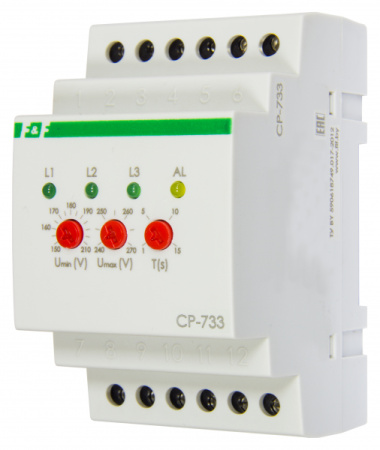 Реле контр напряж CP-733, 3 фаз, без дисп, 3x230В+N, 1НО+1НЗ, нижн 150-210В, верх 240-270В