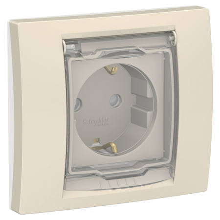 Schneider Electric Unica New Беж Розетка с/з со шторками, с крышкой, IP44 в сборе с рамкой