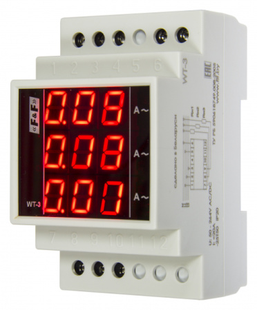 Указатель тока WT-3, 3-Ф, 0.5-20А, цифр индик, 3M, DIN, 50-264В AC/DC, IP20