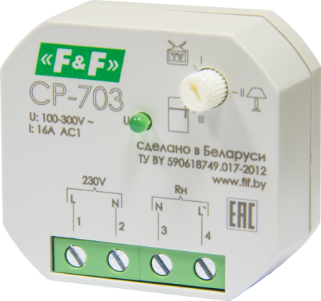 Реле контр напряж CP-703, 1фаз, в подроз, 100?300 AC, 16A, 1НО, програм порогов 170-260В