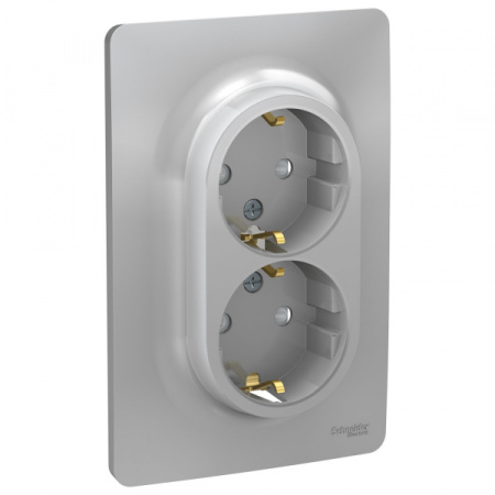 Schneider Electric Unica New Алюминий Розетка с/з двойная, со шторками, винт. зажим.