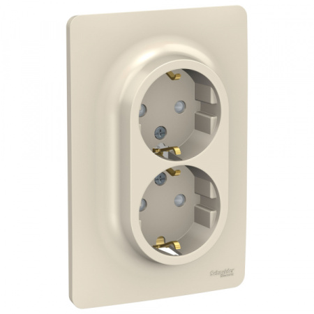 Schneider Electric Unica New Беж Розетка с/з двойная, со шторками, винт. зажим.