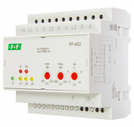 Переключ фаз PF-452, вход 3x400/230В + N, выход 230В, ток 16A, 6НО, пороги регулир, перекл 0,3с