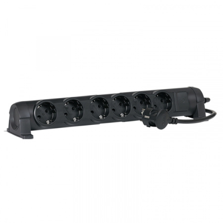 Legrand Комфорт Черный Удлинитель 6x2К+З с выкл., кабель 1,5м, фиксир. поворотный блок, возможно крепление к стене
