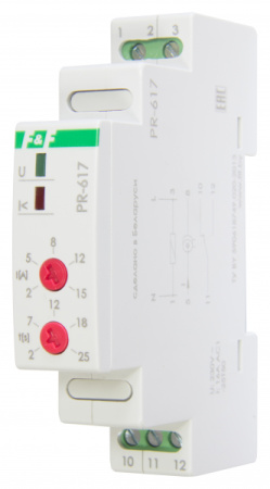 Реле тока PR-617, диапаз 2-15A, с задерж откл, сквозной канал, 1M, DIN, 230В AC, 16A, 1NO, IP20