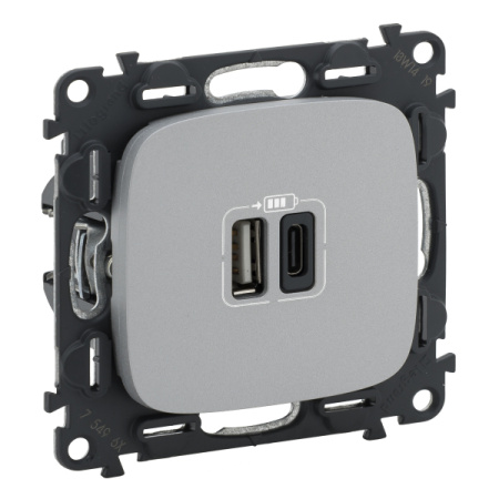 Legrand Valena Allure, алюминий, зарядное устройство с двумя USB разъемами A-C