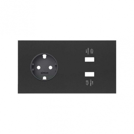 Simon 100 Черный матовый Кит 2 поста, фронт. Накладка на 1 розетку Schuko + 2 з/у USB SC