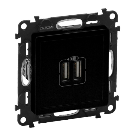 Legrand Valena LIFE. Зарядное устройство с двумя USB-разьемами 240В/5В 1500мА. С лицевой панелью. Антрацит.