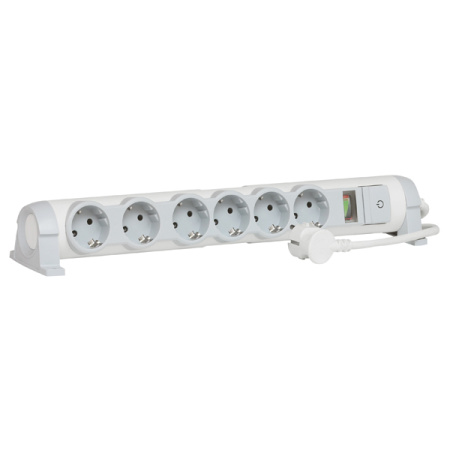 Legrand Безопасность Бело-серый Удлинитель 6x2К+З с выкл., кабель 1,5м, с ИПМ и защитой от перегрузок, фиксир. поворотный блок, возможно крепление к с