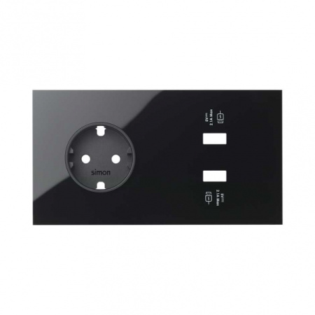 Simon 100 Черный глянец Кит 2 поста, фронт. Накладка на 1 розетку Schuko + 2 з/у USB SC