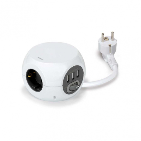Simon Brico Белый Удлинитель COMBIBALL на 3 розетки Schuko, 3xUSB, выключатель, кабель 1.4м